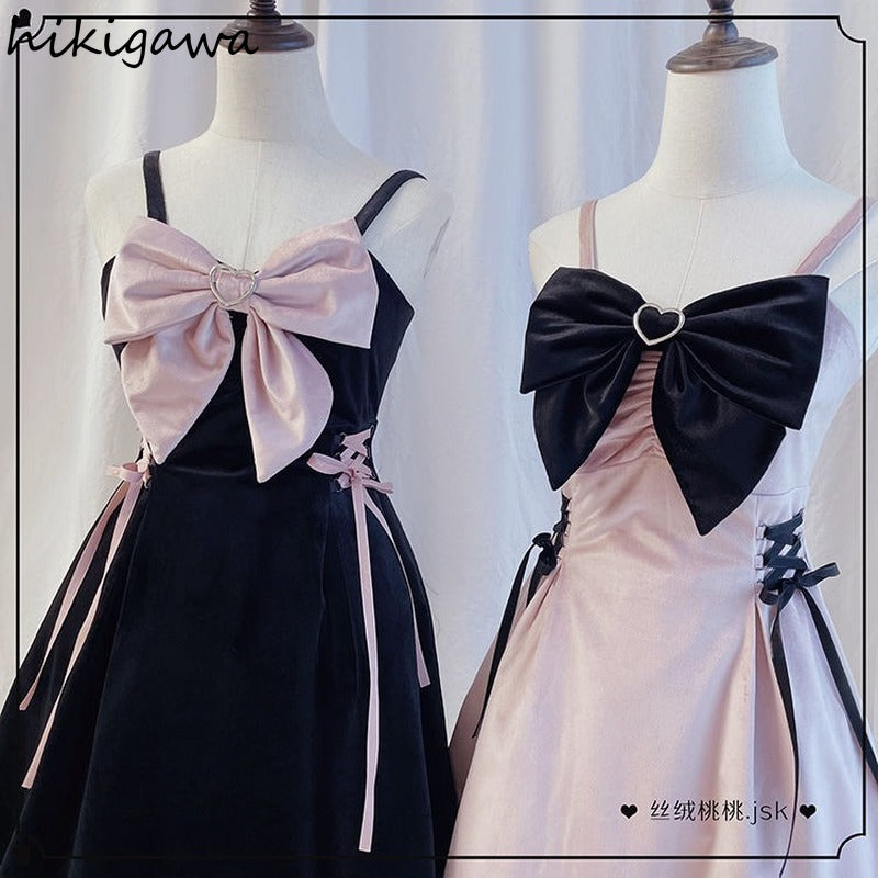 Hikigawa Woman Dresses Lolita Y2k Vestidos De Mujer Bandage Slim Dress Sexy Clothes Velvet Robe Femme Sleeveless Women Dresses - AMULET RING STORE