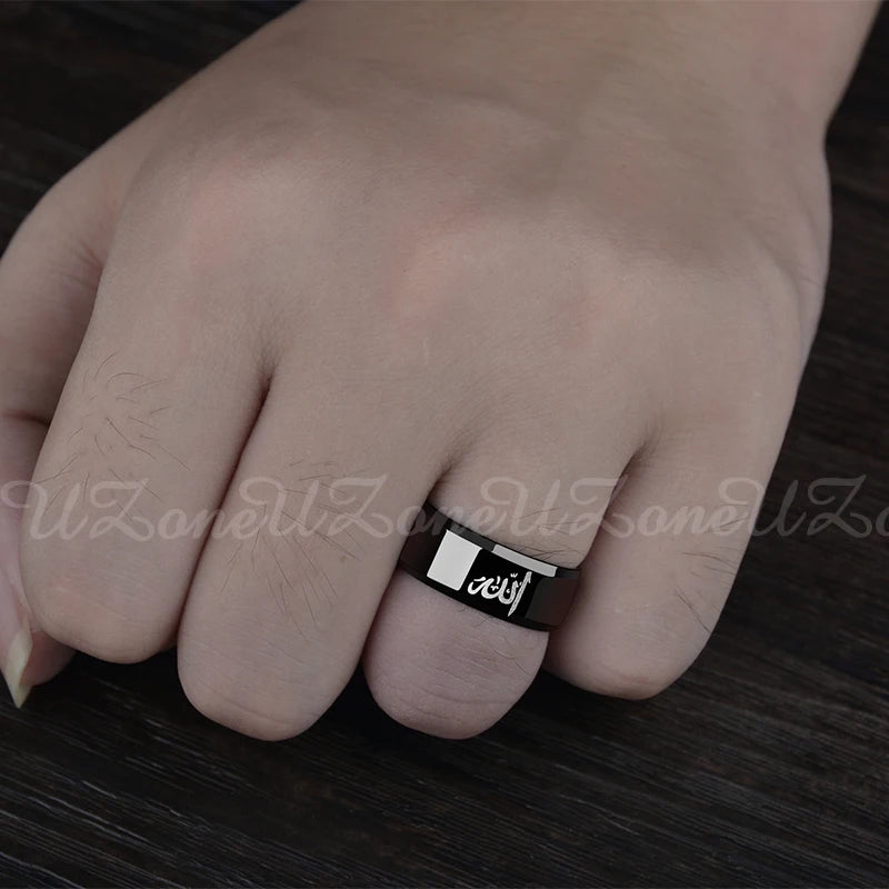 8Mm Black Muslim Allah Ring Women Men Islam Arabic God Messager