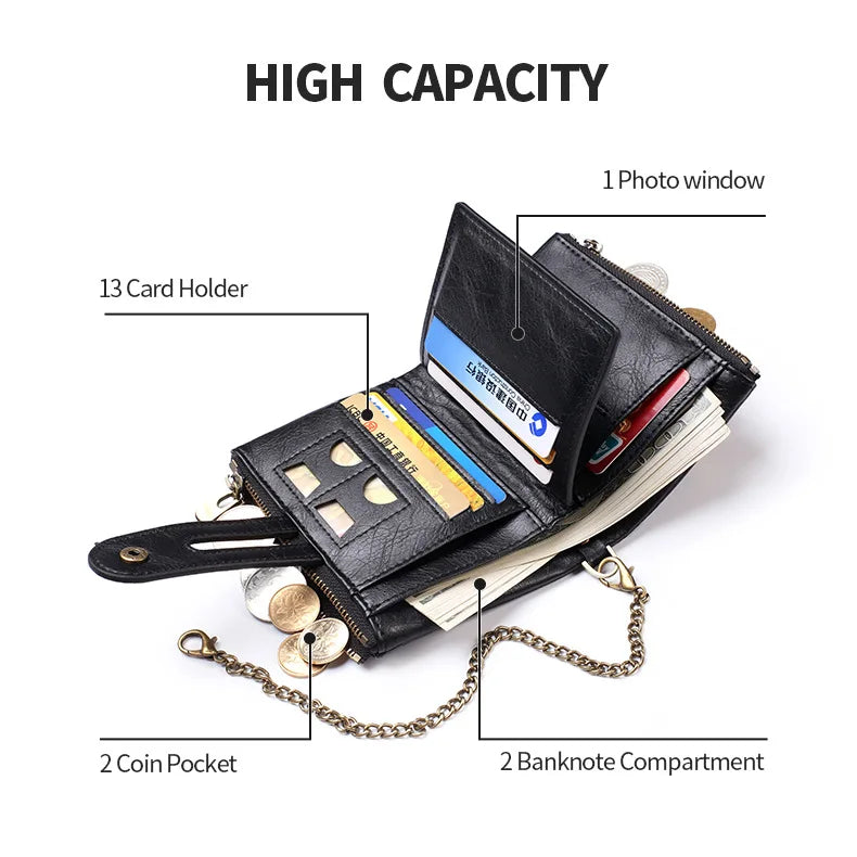 New Men Wallets PU Leather Short Card Holder Chain Luxury Brand Men's Purse High Quality Classic Retro Male Wallet - AMULET RING STORE