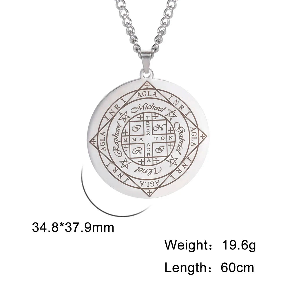 Dawapara Fortune Wheel AGLA INRI Stainless Steel Men Necklace