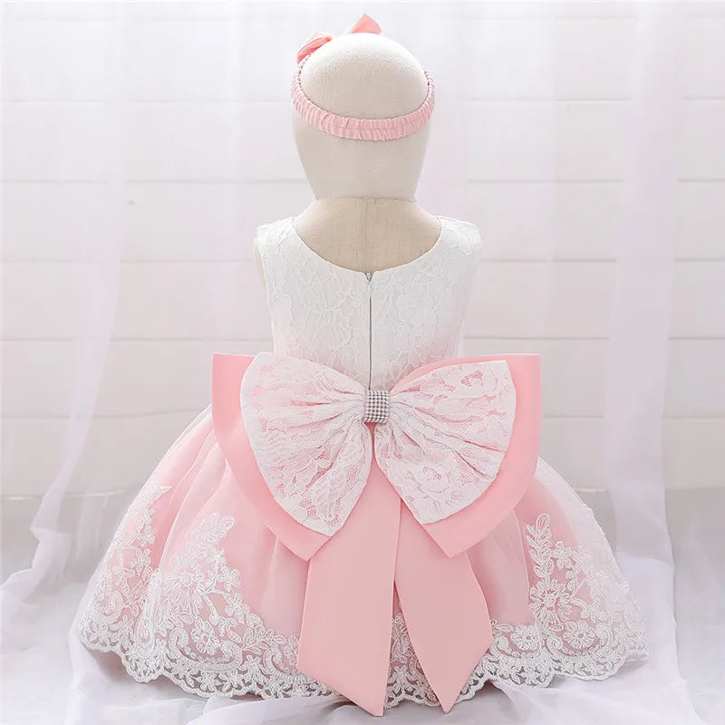 Newborn Long Sleeve Baby Girl Dresses Party Wedding Girl Lace Big Bow Dresses Infant Girl 1st Birthday Princess Baptism Dress