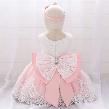 Newborn Long Sleeve Baby Girl Dresses Party Wedding Girl Lace Big Bow Dresses Infant Girl 1st Birthday Princess Baptism Dress