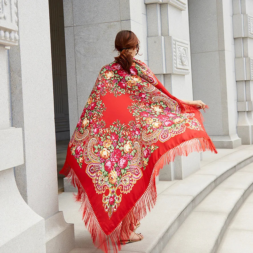 Russian Scarf Head Wrap for Women Luxury Ukrainian Manila Shawls Folk Cotton 160cm National Shawl Floral Print Travel Bandana - AMULET RING STORE