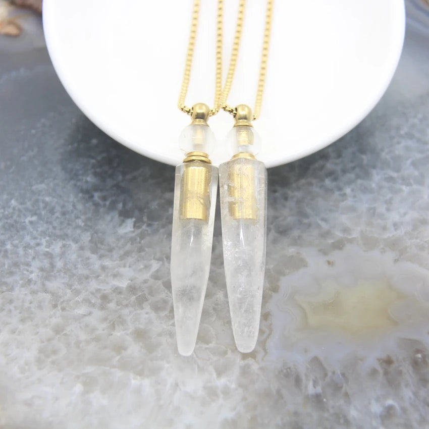 New! Rainbow Aura Titanium Raw Crystal Point Perfume Bottle Necklace Pendants,AB Quartz Essential Oil Diffuser Vial Charms Chain - AMULET RING STORE