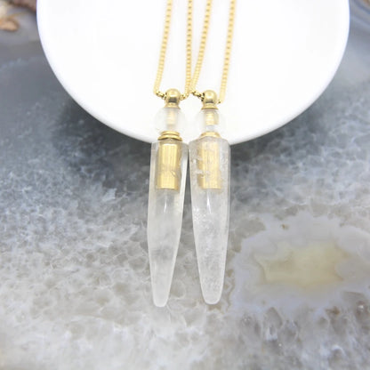New! Rainbow Aura Titanium Raw Crystal Point Perfume Bottle Necklace Pendants,AB Quartz Essential Oil Diffuser Vial Charms Chain - AMULET RING STORE