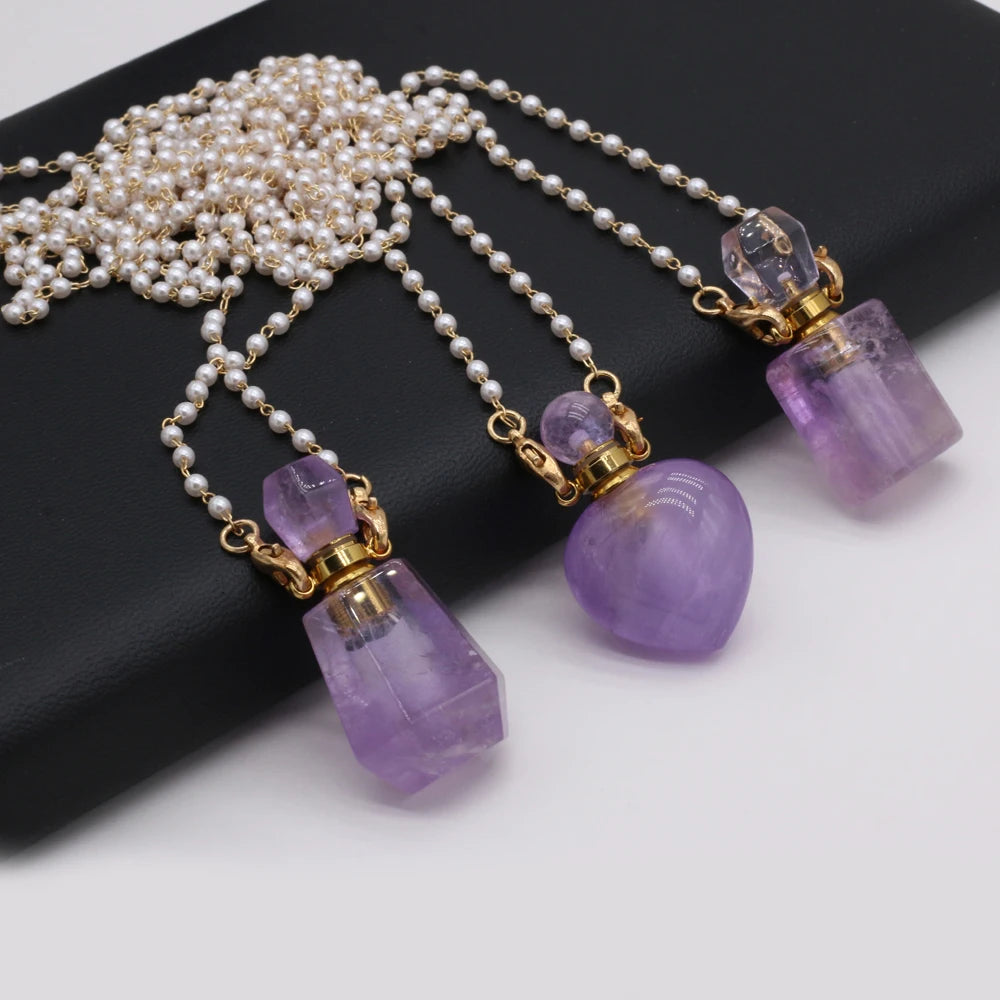 Natural Amethysts Perfume Bottle Pendant Necklace Pearl Chains Essential Oil Diffuser Agates Pendant Necklace For Women Jewerly - AMULET RING STORE