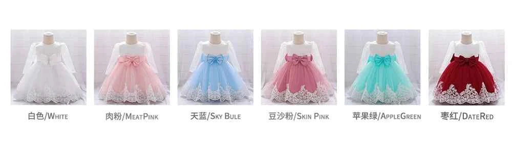Newborn Long Sleeve Baby Girl Dresses Party Wedding Girl Lace Big Bow Dresses Infant Girl 1st Birthday Princess Baptism Dress
