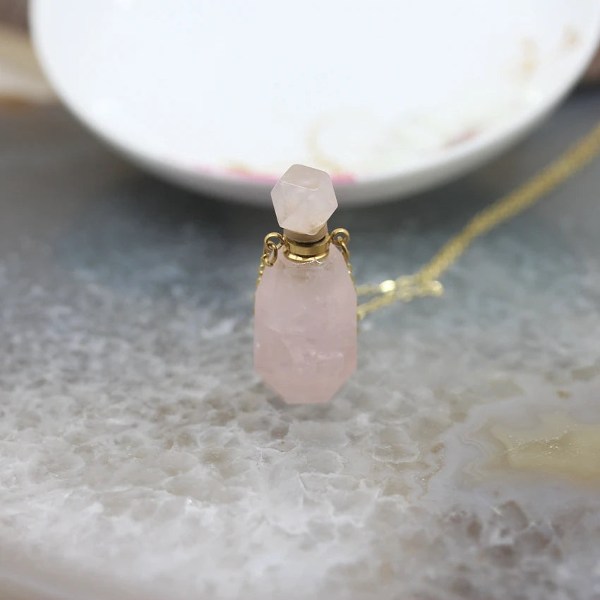 Natural Obsidian Faceted Perfume Bottle Pendants Necklaces,Pink Tourmaline Quartz Essential Oil Diffuser Vial Charms Jewelry - AMULET RING STORE