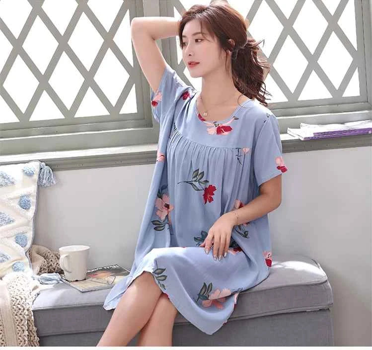 Women summer cotton nightgowns short-sleeved Korean loose big yards 4XL fit 100 kg nightshirt female floral print night dress