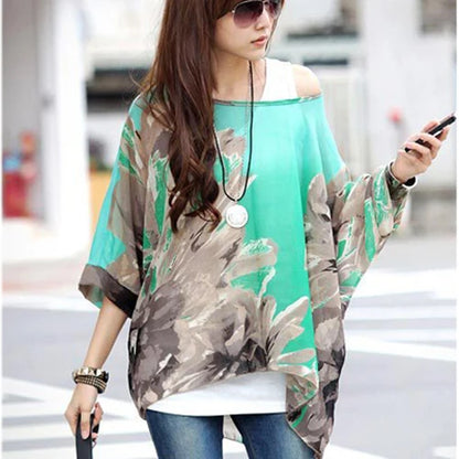Summer Blouse Shirt 2021 New Fashion Women Casual Chiffon Blouses Tops Plus Size 4XL 5XL 6XL Batwing Sleeve Women's Shirts - AMULET RING STORE