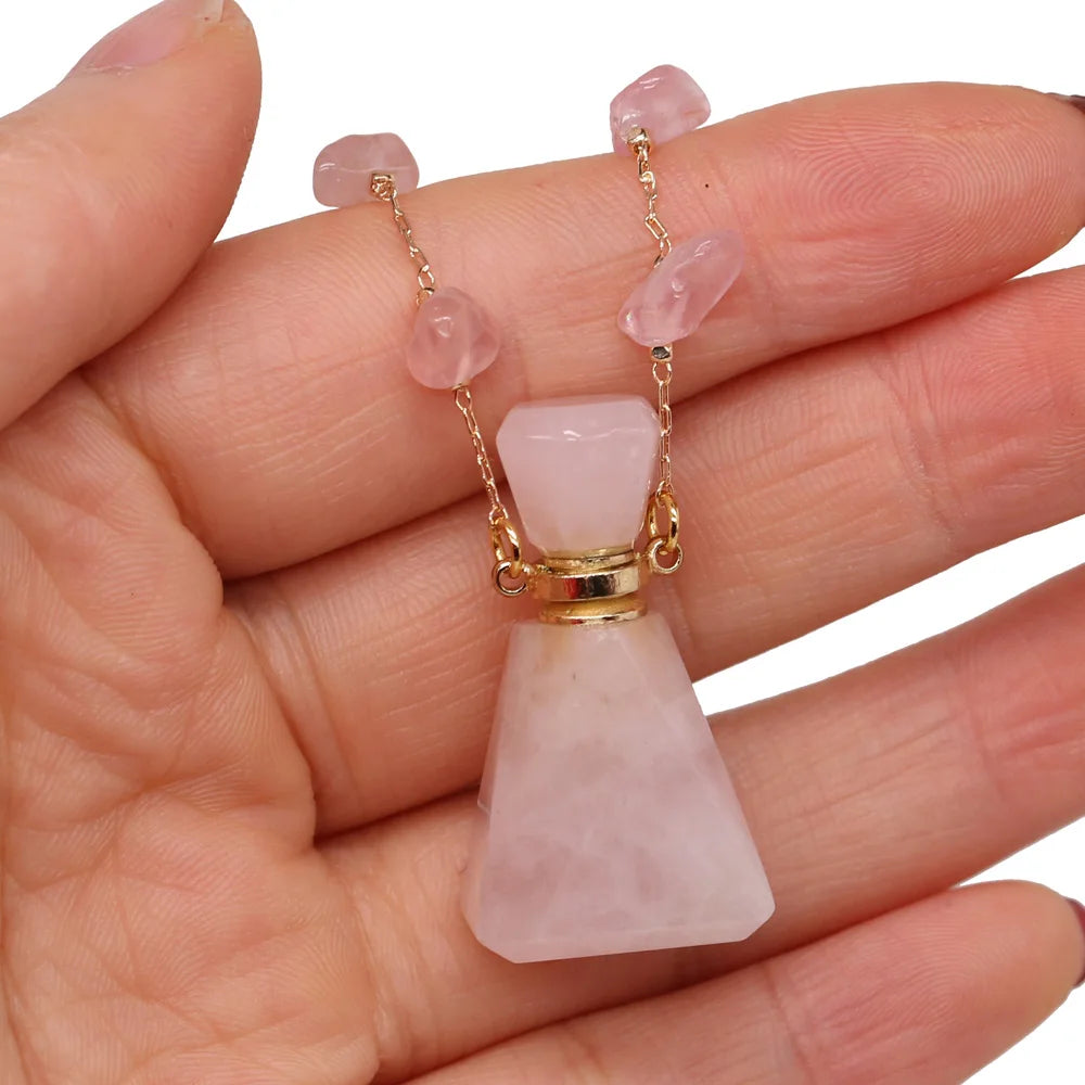Natural Stone Perfume Bottle Necklace Pink Quartz Pendant Charms For Elegant Women Love Romantic Gift 60 CM - AMULET RING STORE