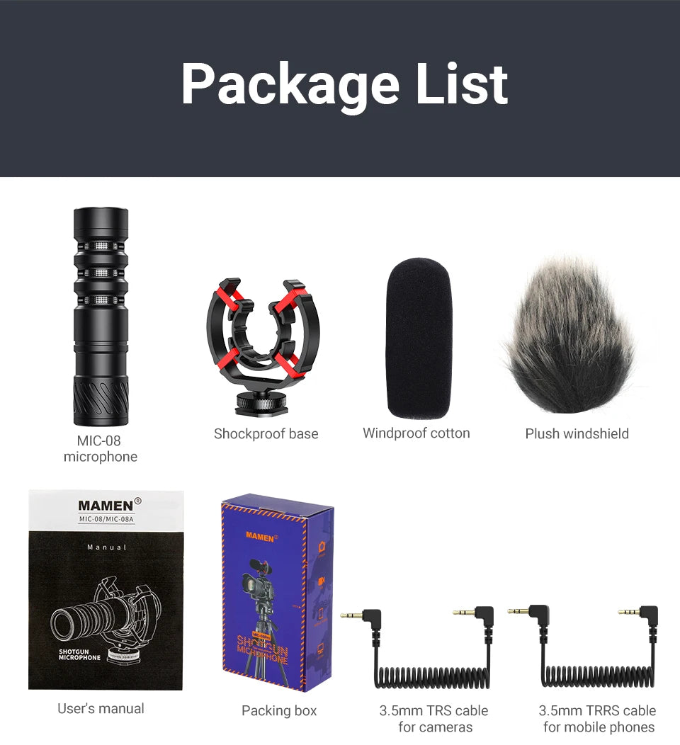 MAMEN Professional DSLR Camera Microphone Shotgun Microfone Cardioid Pickup for Canon Nikon Sony Mobile Phone Vlog Recording