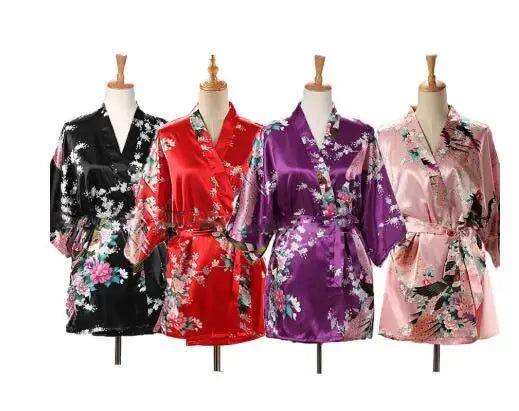 Lace Up Woman Peacock Print Japanese Kimono Yukata Silk Satin Short Style Sleepwear Home Nightgown Bath Robe Costume - AMULET RING STORE