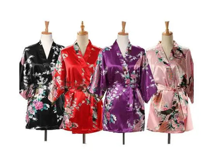 Lace Up Woman Peacock Print Japanese Kimono Yukata Silk Satin Short Style Sleepwear Home Nightgown Bath Robe Costume - AMULET RING STORE
