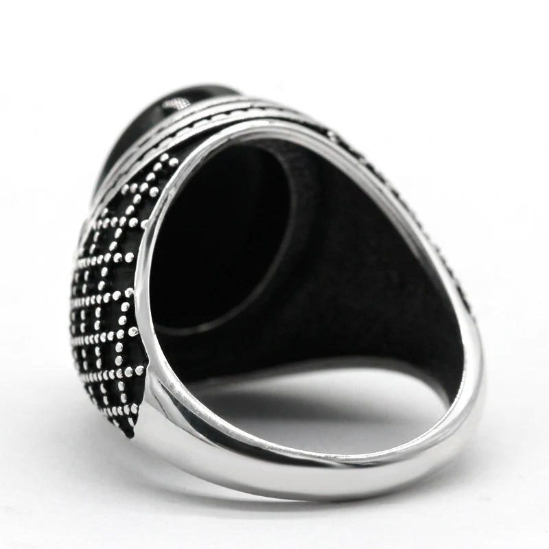 925 Sterling Silver Men Ring Bezel Setting Natural Black Agate Stone Retro Punk Thai Silver Ring for Man Women Silver Jewelry