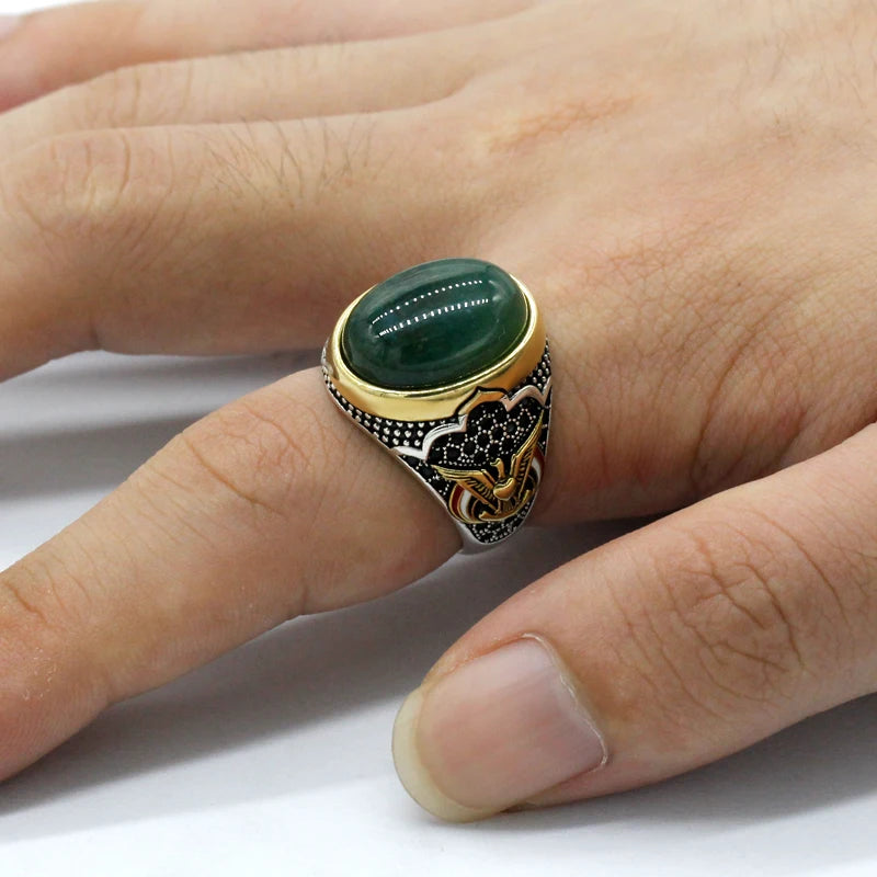 Turkey Jewelry Men Ring with Green Natural Agate Stone 925 Sterling Silver Vintage Eagle CZ Enamel Gold Ring for Women Male Gift AMULET RING STORE