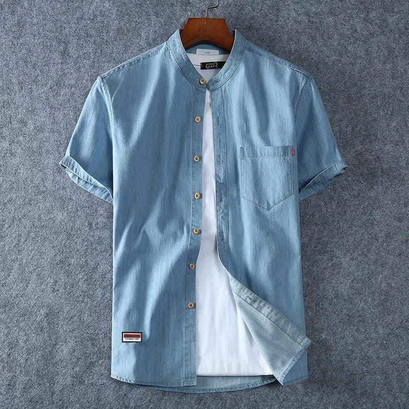 Men's Blue Denim Shirts Short Sleeve Jean Shirts New Summer High Quality Men Cotton Light Blue Denim Shirts Plus size L-8XL