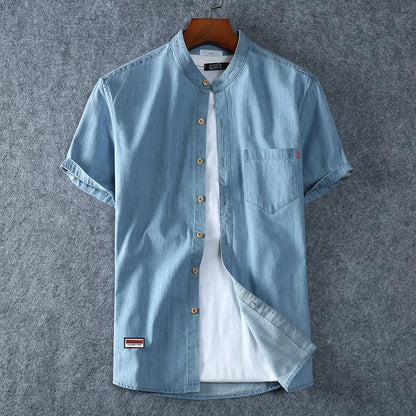 Men's Blue Denim Shirts Short Sleeve Jean Shirts New Summer High Quality Men Cotton Light Blue Denim Shirts Plus size L-8XL
