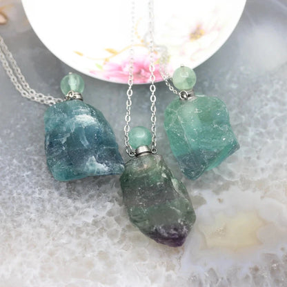 Raw Fluorite Perfume Bottle Pendants,Plated Silvers Necklace Natural Gems stone Quartz Nugget Essential Oil Diffuser Vial Charms - AMULET RING STORE