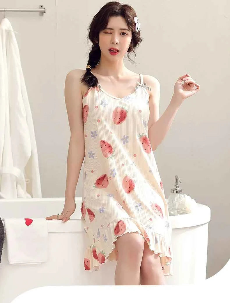 Big Yards 5XL Young Girls Cotton Nightgown Sexy Spaghetti Strap Night Dress Lady V-Neck Nighties Sleeveless Sleepwear Nightwear