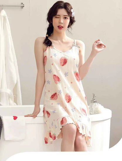 Big Yards 5XL Young Girls Cotton Nightgown Sexy Spaghetti Strap Night Dress Lady V-Neck Nighties Sleeveless Sleepwear Nightwear