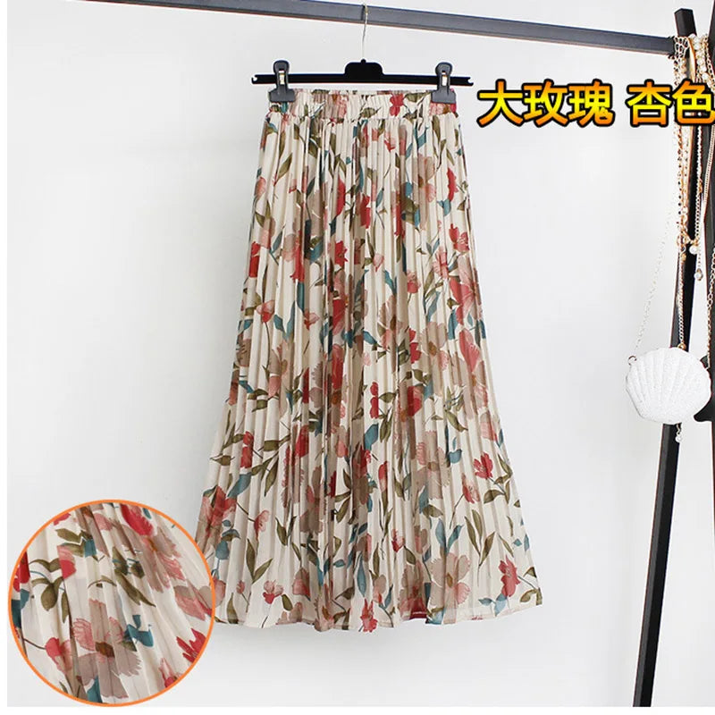 Women Summer Boho Chiffon Long Skirt Elegant Floral Print Pleated Skirts Elastic High Waist Casual Midi Skirt Women Clothes 2021