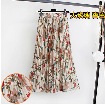 Women Summer Boho Chiffon Long Skirt Elegant Floral Print Pleated Skirts Elastic High Waist Casual Midi Skirt Women Clothes 2021