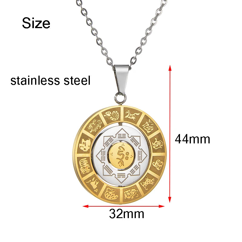 Stainless Steel Rotatable Chinese Zodiac Palaces Bagua Pendant Necklace