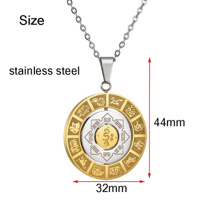 Stainless Steel Rotatable Chinese Zodiac Palaces Bagua Pendant Necklace