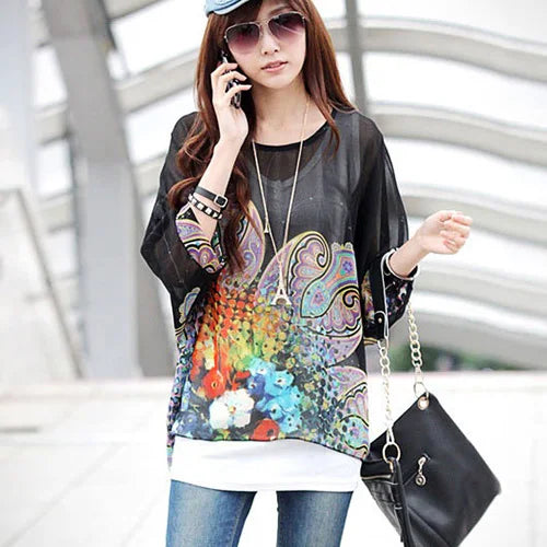 Summer Blouse Shirt 2021 New Fashion Women Casual Chiffon Blouses Tops Plus Size 4XL 5XL 6XL Batwing Sleeve Women's Shirts - AMULET RING STORE