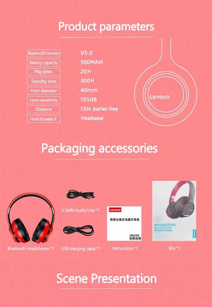 Lenovo HD200 Bluetooth Earphones Over-ear Foldable Computer Wireless Headphones Noise Cancellation HIFI Stereo Gaming Headset