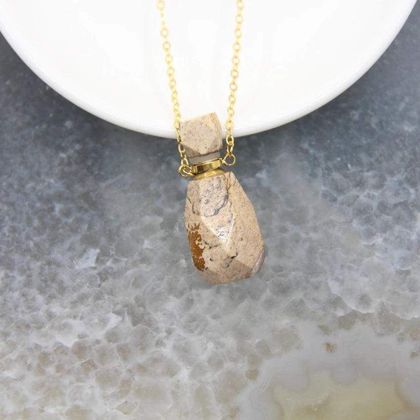 Natural Obsidian Faceted Perfume Bottle Pendants Necklaces,Pink Tourmaline Quartz Essential Oil Diffuser Vial Charms Jewelry - AMULET RING STORE