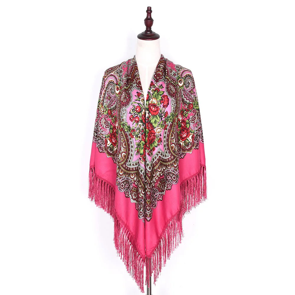 Russian Scarf Head Wrap for Women Luxury Ukrainian Manila Shawls Folk Cotton 160cm National Shawl Floral Print Travel Bandana - AMULET RING STORE