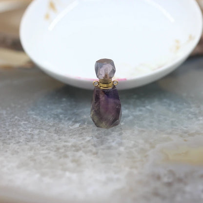 Natural Obsidian Faceted Perfume Bottle Pendants Necklaces,Pink Tourmaline Quartz Essential Oil Diffuser Vial Charms Jewelry - AMULET RING STORE