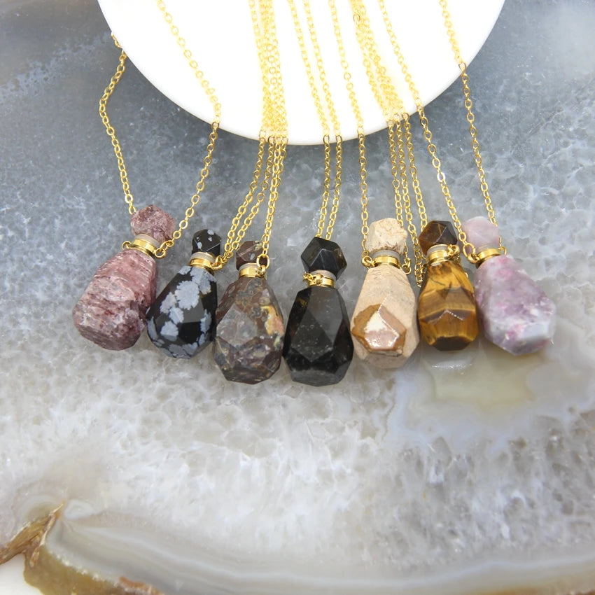 Natural Obsidian Faceted Perfume Bottle Pendants Necklaces,Pink Tourmaline Quartz Essential Oil Diffuser Vial Charms Jewelry - AMULET RING STORE