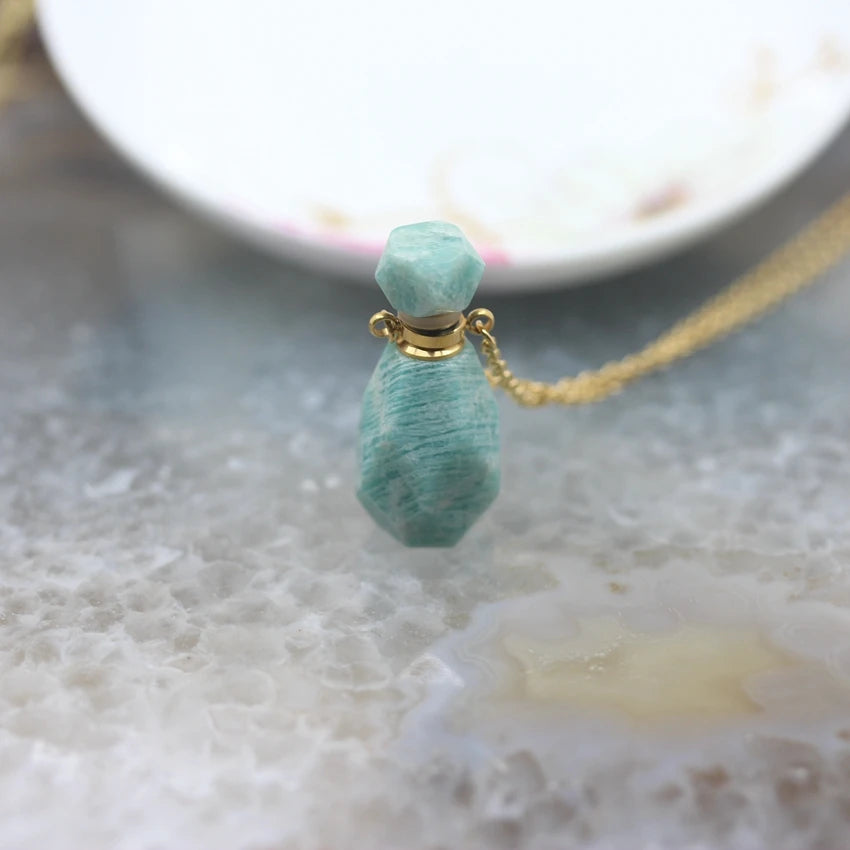 Natural Obsidian Faceted Perfume Bottle Pendants Necklaces,Pink Tourmaline Quartz Essential Oil Diffuser Vial Charms Jewelry - AMULET RING STORE