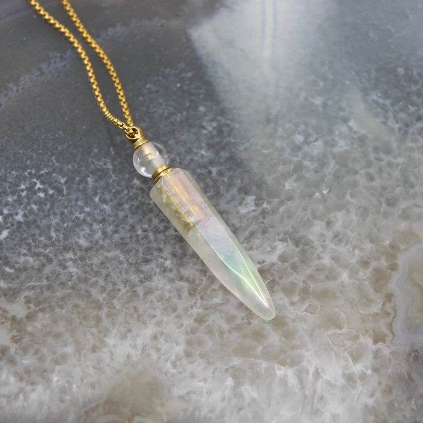 New! Rainbow Aura Titanium Raw Crystal Point Perfume Bottle Necklace Pendants,AB Quartz Essential Oil Diffuser Vial Charms Chain - AMULET RING STORE