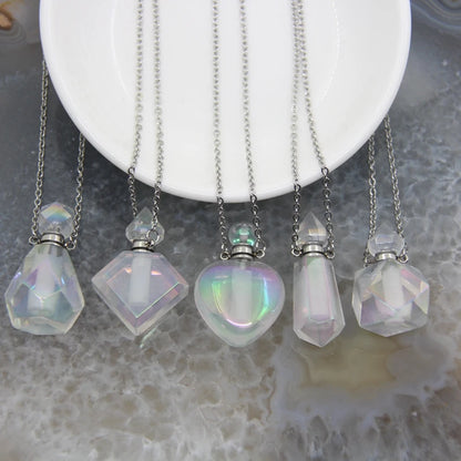 5 Shape Stainless steel Chains Rainbow Aura Crystal Perfume Bottle Pendant Necklace,AB Quartz Essential Oil Diffuser Vial Charms - AMULET RING STORE