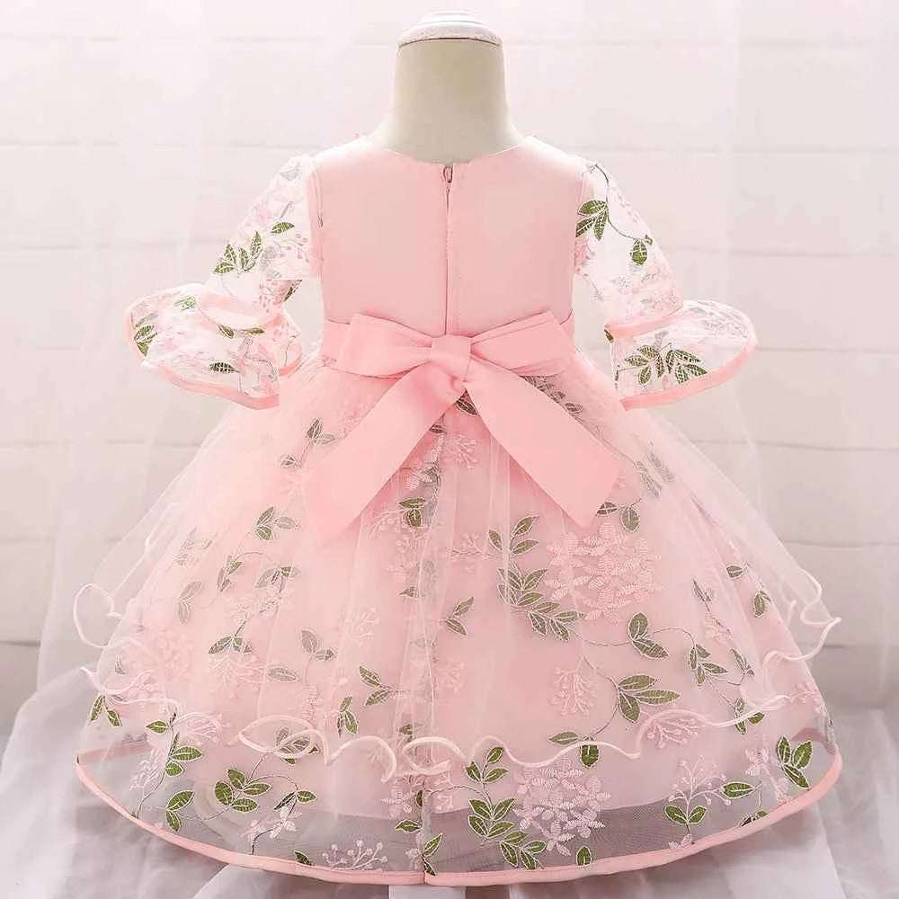Long Sleeve Flower Baby Girls Dresses Newborn Pink 1st Birthday Tulle Princess Dress For Girl Bridesmaid Wedding Summer Clothing