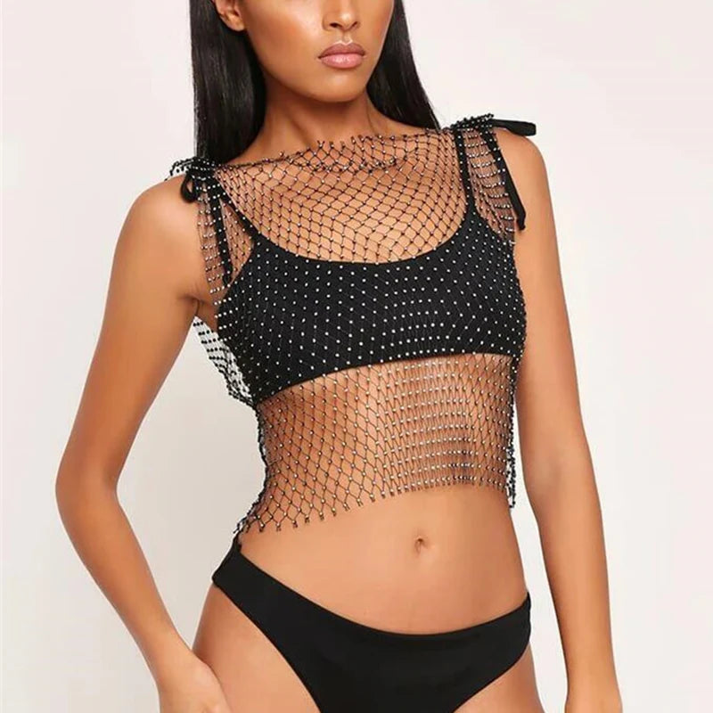 Women's Fishnet Rhinestone Crop Top 2024 Summer Sexy Mesh High Elastic Black White Shirt Net See Through Rave Diamond Tank Top - AMULET RING STORE