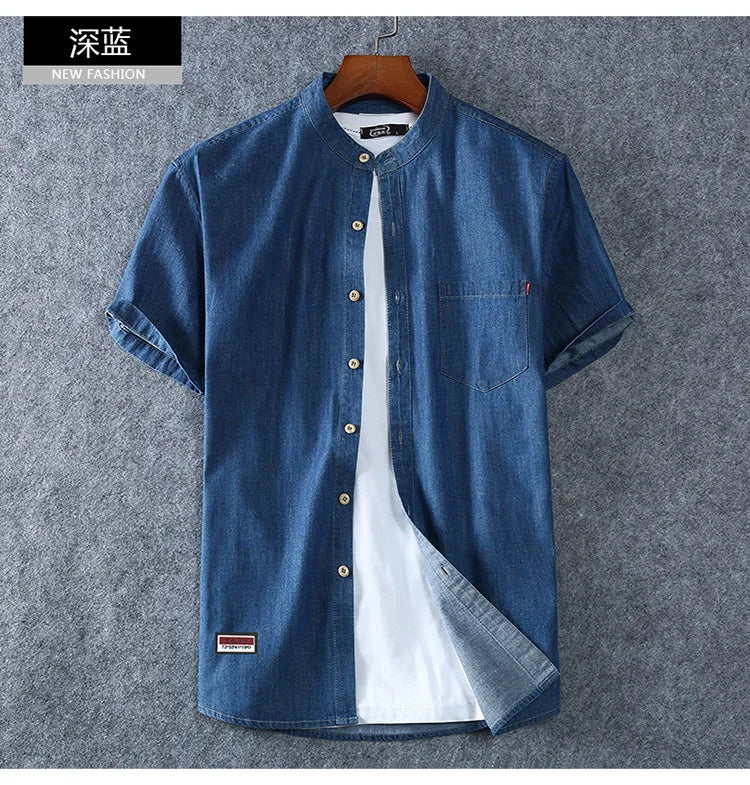 Men's Blue Denim Shirts Short Sleeve Jean Shirts New Summer High Quality Men Cotton Light Blue Denim Shirts Plus size L-8XL
