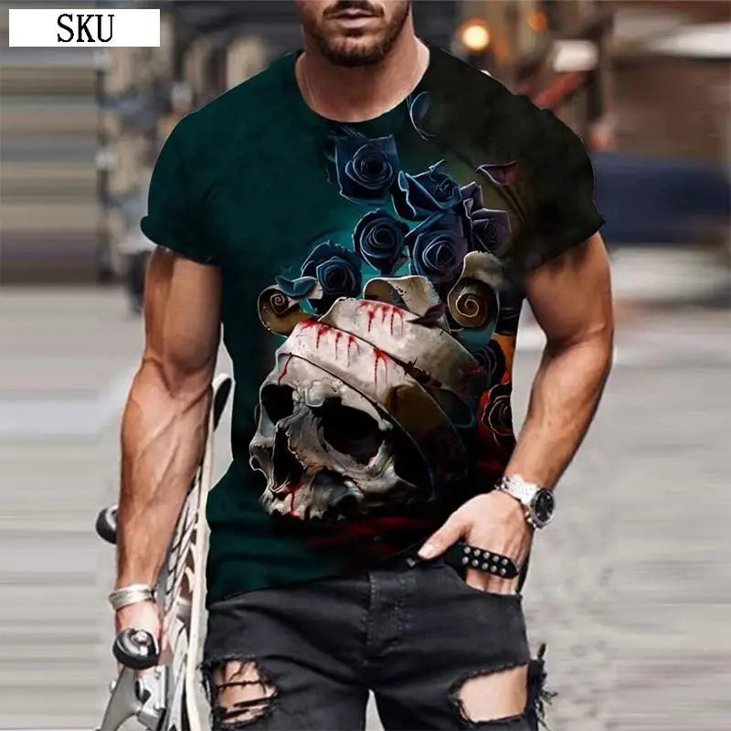 Personality 3D Printing Men's T-Shirt Skull Pattern for Men Demon Streetwear Handsome O-Neck Short Sleeves Casual Tshirt Top Tee - AMULET RING STORE