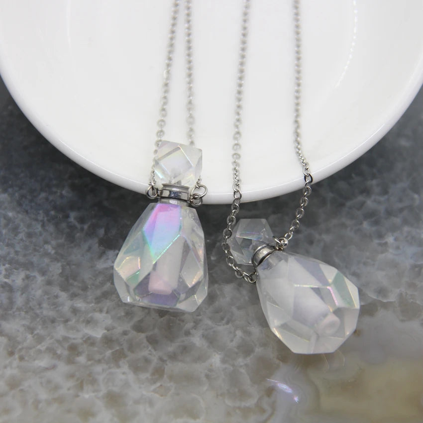 5 Shape Stainless steel Chains Rainbow Aura Crystal Perfume Bottle Pendant Necklace,AB Quartz Essential Oil Diffuser Vial Charms - AMULET RING STORE