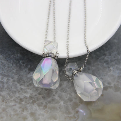5 Shape Stainless steel Chains Rainbow Aura Crystal Perfume Bottle Pendant Necklace,AB Quartz Essential Oil Diffuser Vial Charms - AMULET RING STORE