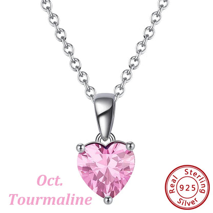 ORSA JEWELS 925 Sterling Silver 12 Color Heart Shaped Birthstone Pendant Necklace Woman Girl's Lucky Birthday Jewelry Gift APN02