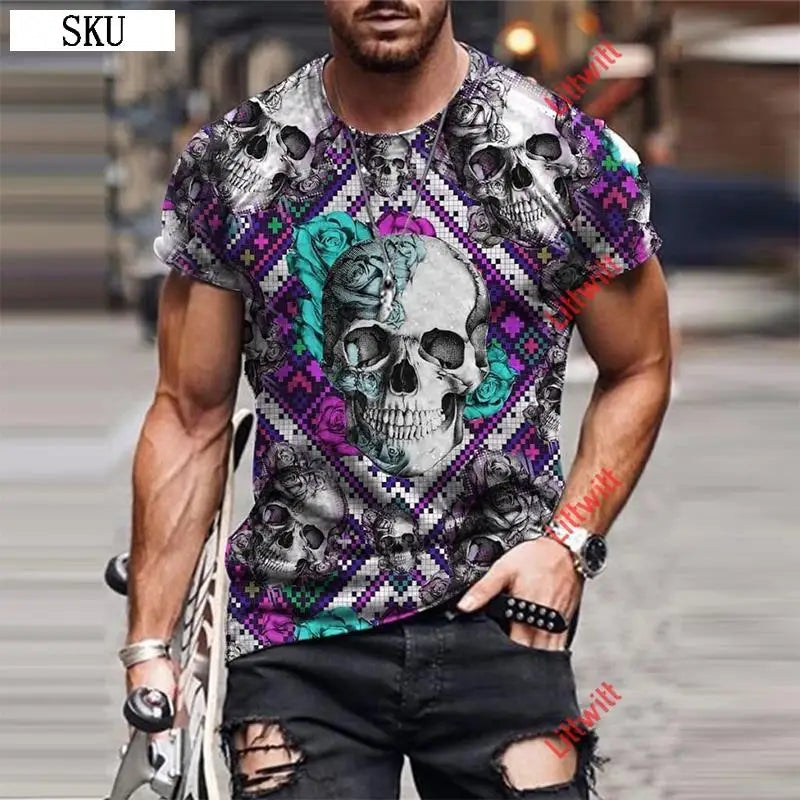 Personality 3D Printing Men's T-Shirt Skull Pattern for Men Demon Streetwear Handsome O-Neck Short Sleeves Casual Tshirt Top Tee - AMULET RING STORE