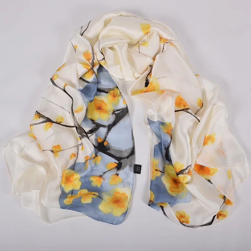 [BYSIFA] Navy Blue Chinese Roses Women Scarves Fall Winter Utrlong Top Grade Brand Trendy Silk Letters Long Scarf Shawl Wrap - AMULET RING STORE