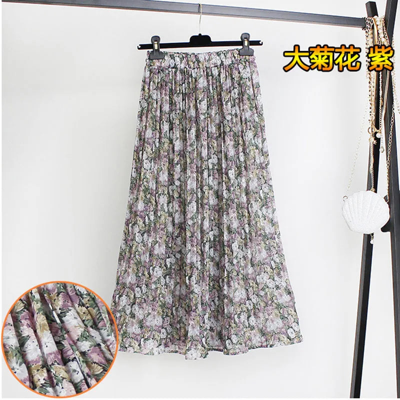 Women Summer Boho Chiffon Long Skirt Elegant Floral Print Pleated Skirts Elastic High Waist Casual Midi Skirt Women Clothes 2021