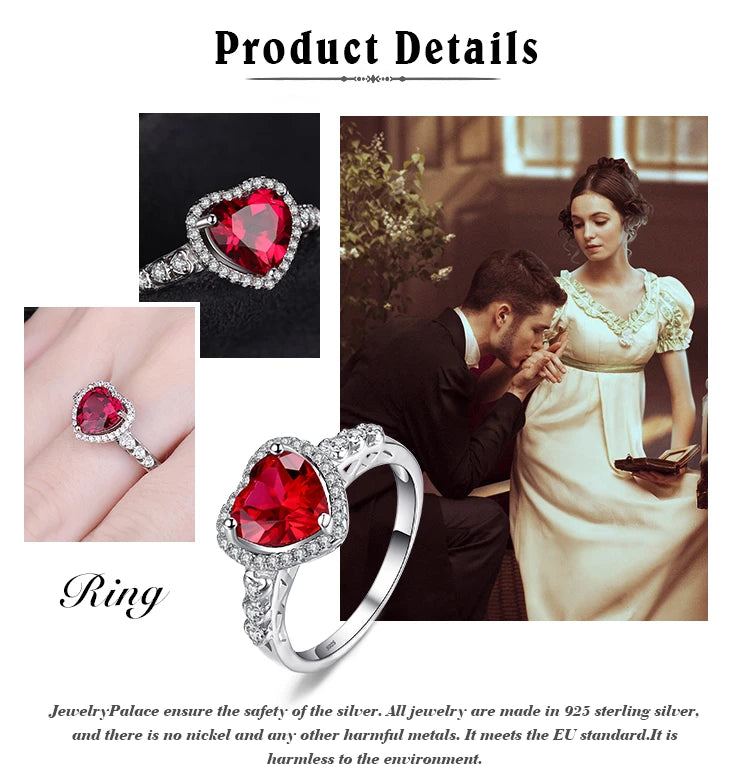 JewelryPalace Heart Love 2.5ct Created Red Ruby 925 Sterling Silver Ring for Women Gemstone Jewelry