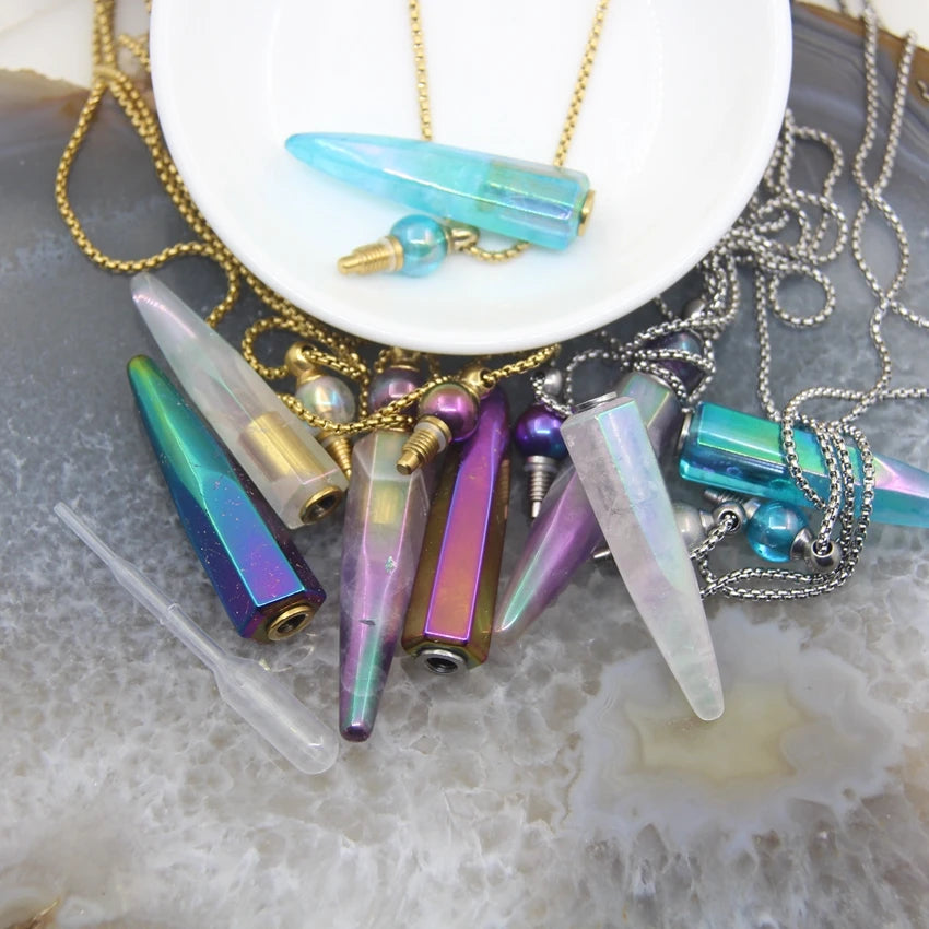 New! Rainbow Aura Titanium Raw Crystal Point Perfume Bottle Necklace Pendants,AB Quartz Essential Oil Diffuser Vial Charms Chain - AMULET RING STORE
